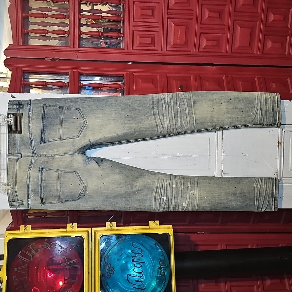 Serenede Mens Stretch Skinny Distressed Paint Splatter Light Wash Denim Jeans 34 - Picture 2 of 9
